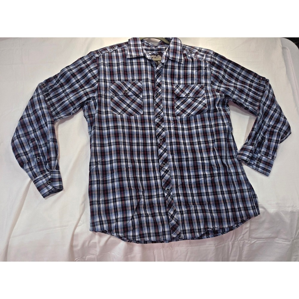 Eighty Eight Mens Large Plaid Button‎ Down Shirt Blue Black Utility Roll Tab L